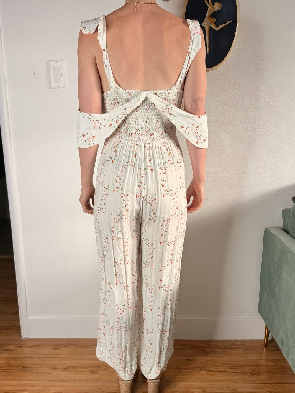 Off-Shoulder Floral Jumpsuit in White - Picture 3 of 5